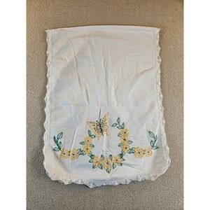 Vintage Embroidered Butterfly Floral Table Runner White Lace Trim 40x15
